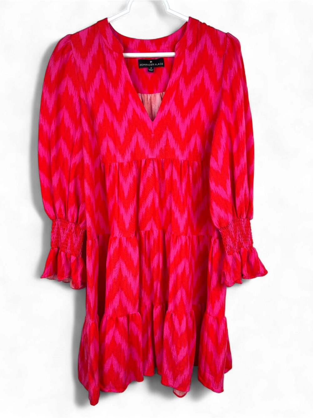 Pomander Place Red and Pink Long Sleeve Tiered Mini Dress